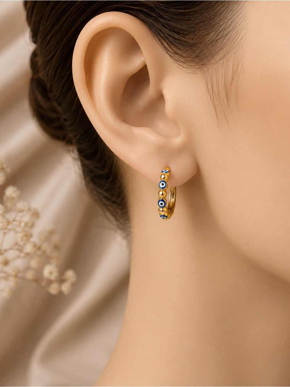 Gold Evil Eye Hoop Earrings - Blue & White Accent